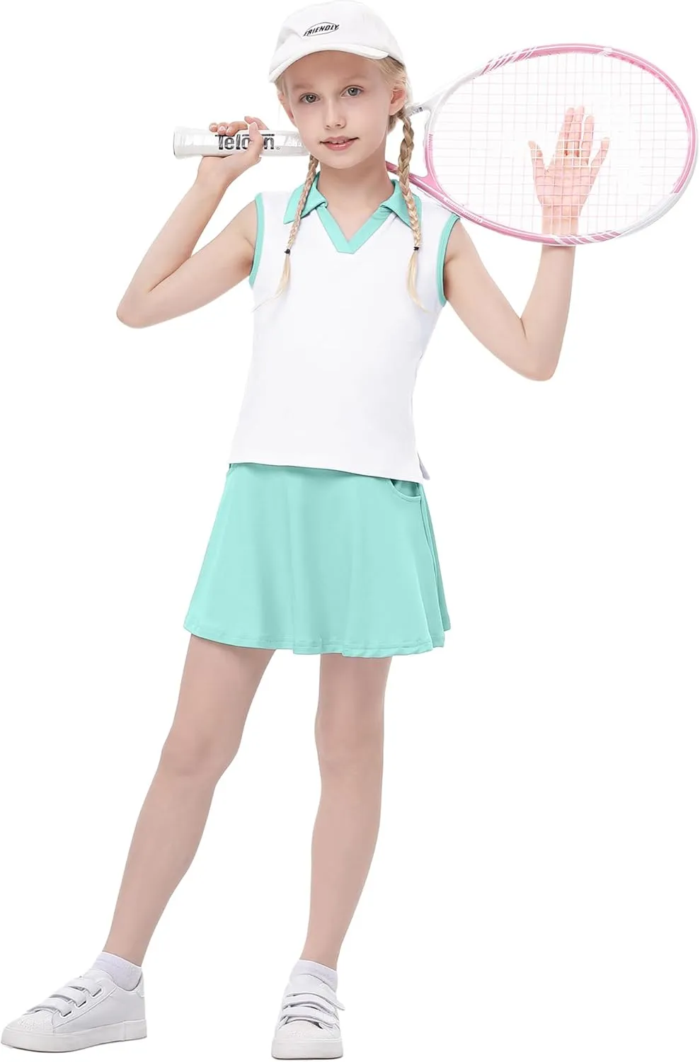 Kids Girls Tennis Golf Dress Outfit Sleeveless Dress with Pockets Athletic Skorts and Polo Tank Top Sets
