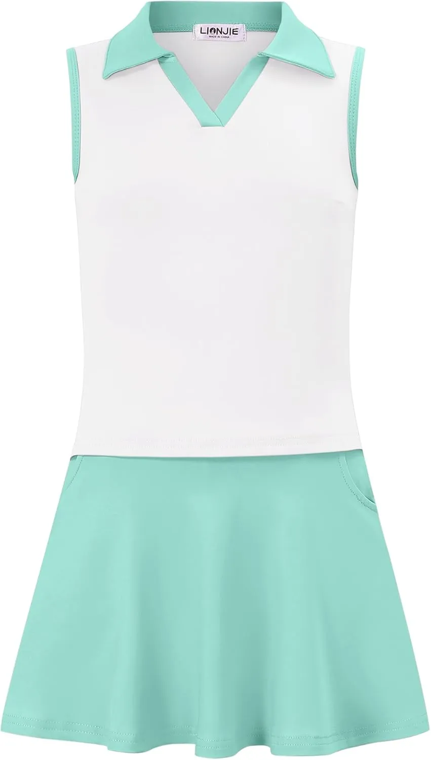 Kids Girls Tennis Golf Dress Outfit Sleeveless Dress with Pockets Athletic Skorts and Polo Tank Top Sets