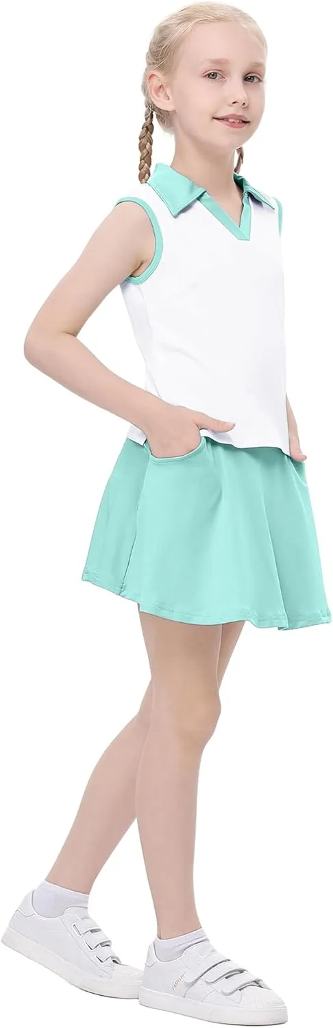 Kids Girls Tennis Golf Dress Outfit Sleeveless Dress with Pockets Athletic Skorts and Polo Tank Top Sets