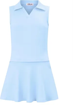 Kids Girls Tennis Golf Dress Outfit Sleeveless Dress with Pockets Athletic Skorts and Polo Tank Top Sets
