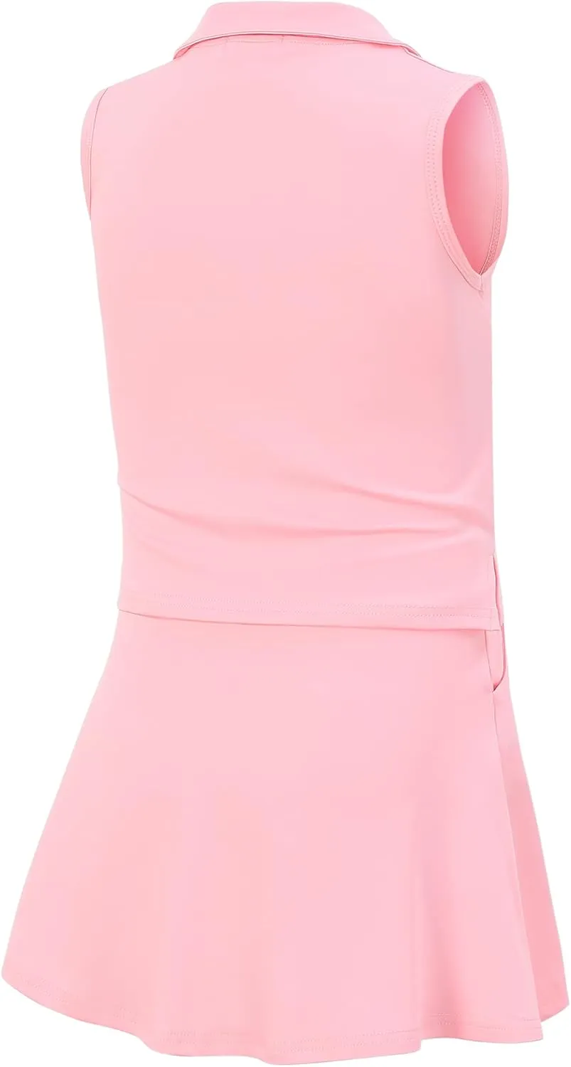 Kids Girls Tennis Golf Dress Outfit Sleeveless Dress with Pockets Athletic Skorts and Polo Tank Top Sets