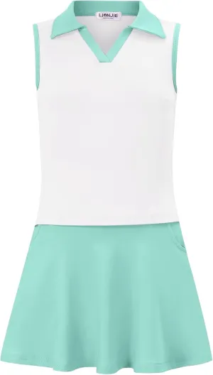 Kids Girls Tennis Golf Dress Outfit Sleeveless Dress with Pockets Athletic Skorts and Polo Tank Top Sets