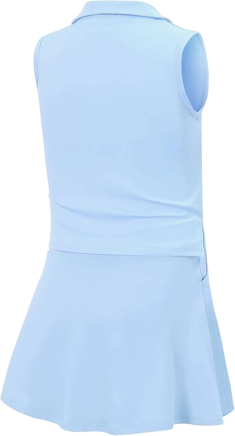 Kids Girls Tennis Golf Dress Outfit Sleeveless Dress with Pockets Athletic Skorts and Polo Tank Top Sets