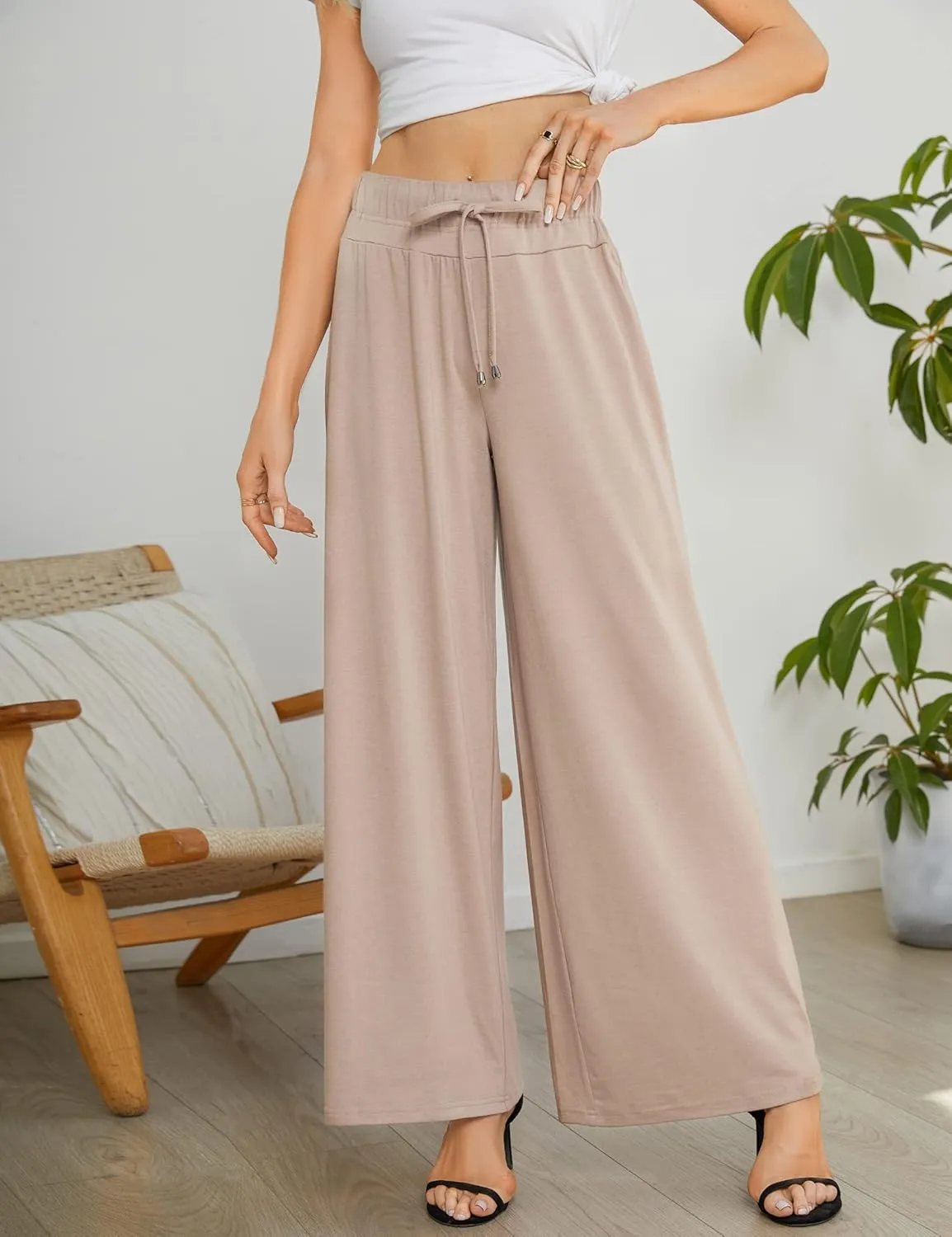 KOJOOIN Women's Wide Leg Pants Casual Palazzo Summer Flowy Pants Elastic High Waist Lounge Drawstring Long Trousers for Women