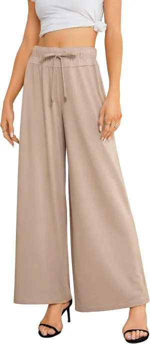 KOJOOIN Women's Wide Leg Pants Casual Palazzo Summer Flowy Pants Elastic High Waist Lounge Drawstring Long Trousers for Women