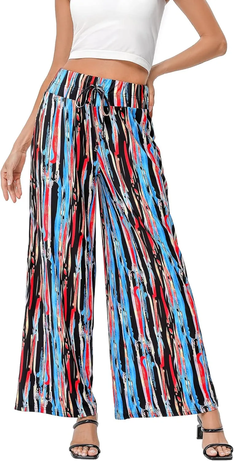 KOJOOIN Women's Wide Leg Pants Casual Palazzo Summer Flowy Pants Elastic High Waist Lounge Drawstring Long Trousers for Women