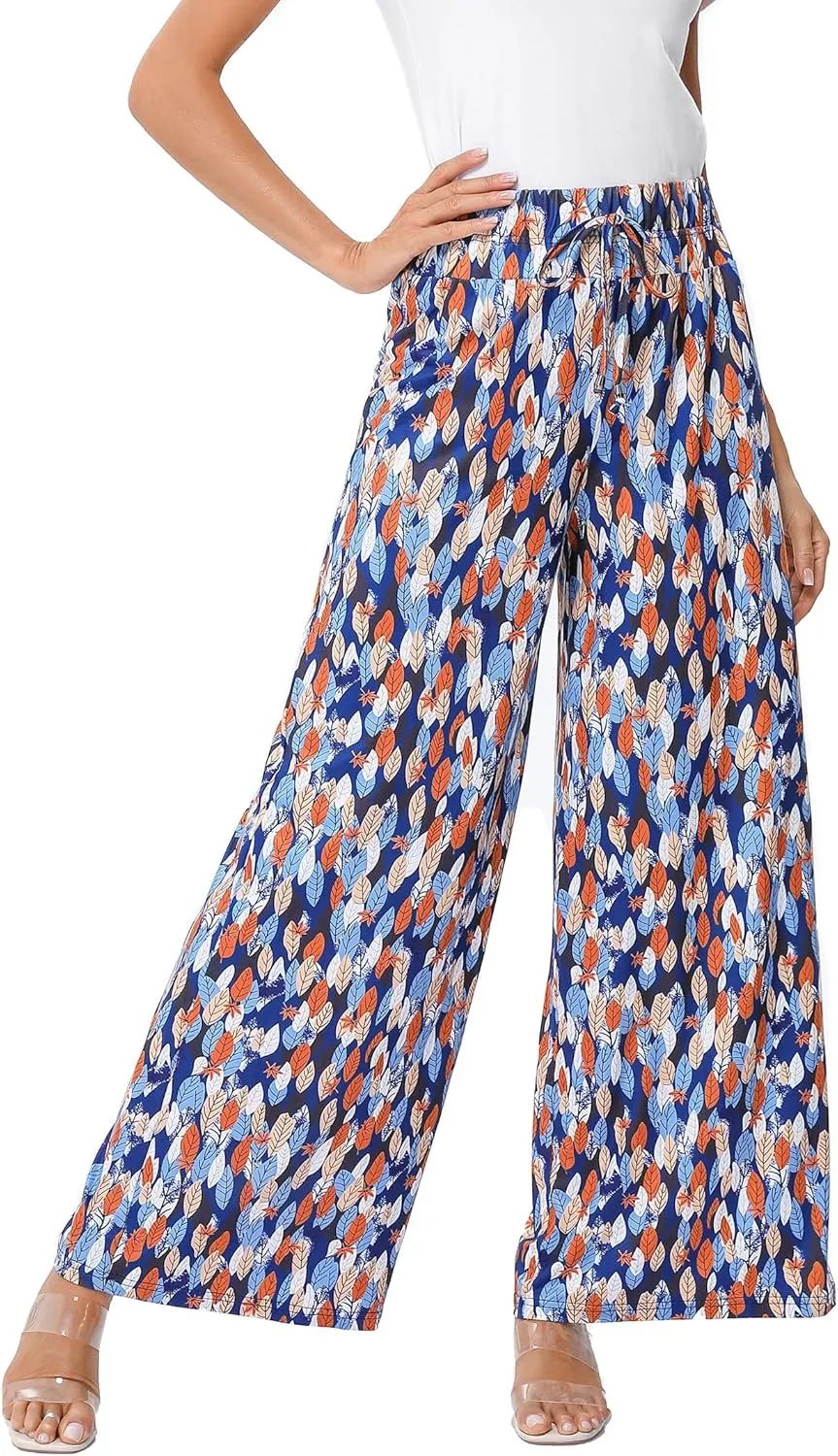 KOJOOIN Women's Wide Leg Pants Casual Palazzo Summer Flowy Pants Elastic High Waist Lounge Drawstring Long Trousers for Women