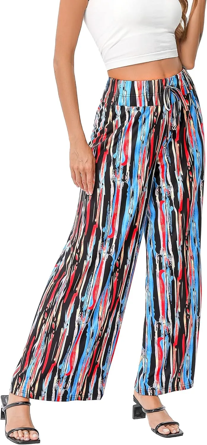 KOJOOIN Women's Wide Leg Pants Casual Palazzo Summer Flowy Pants Elastic High Waist Lounge Drawstring Long Trousers for Women
