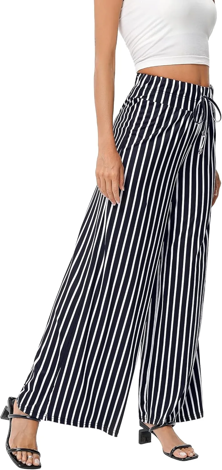 KOJOOIN Women's Wide Leg Pants Casual Palazzo Summer Flowy Pants Elastic High Waist Lounge Drawstring Long Trousers for Women