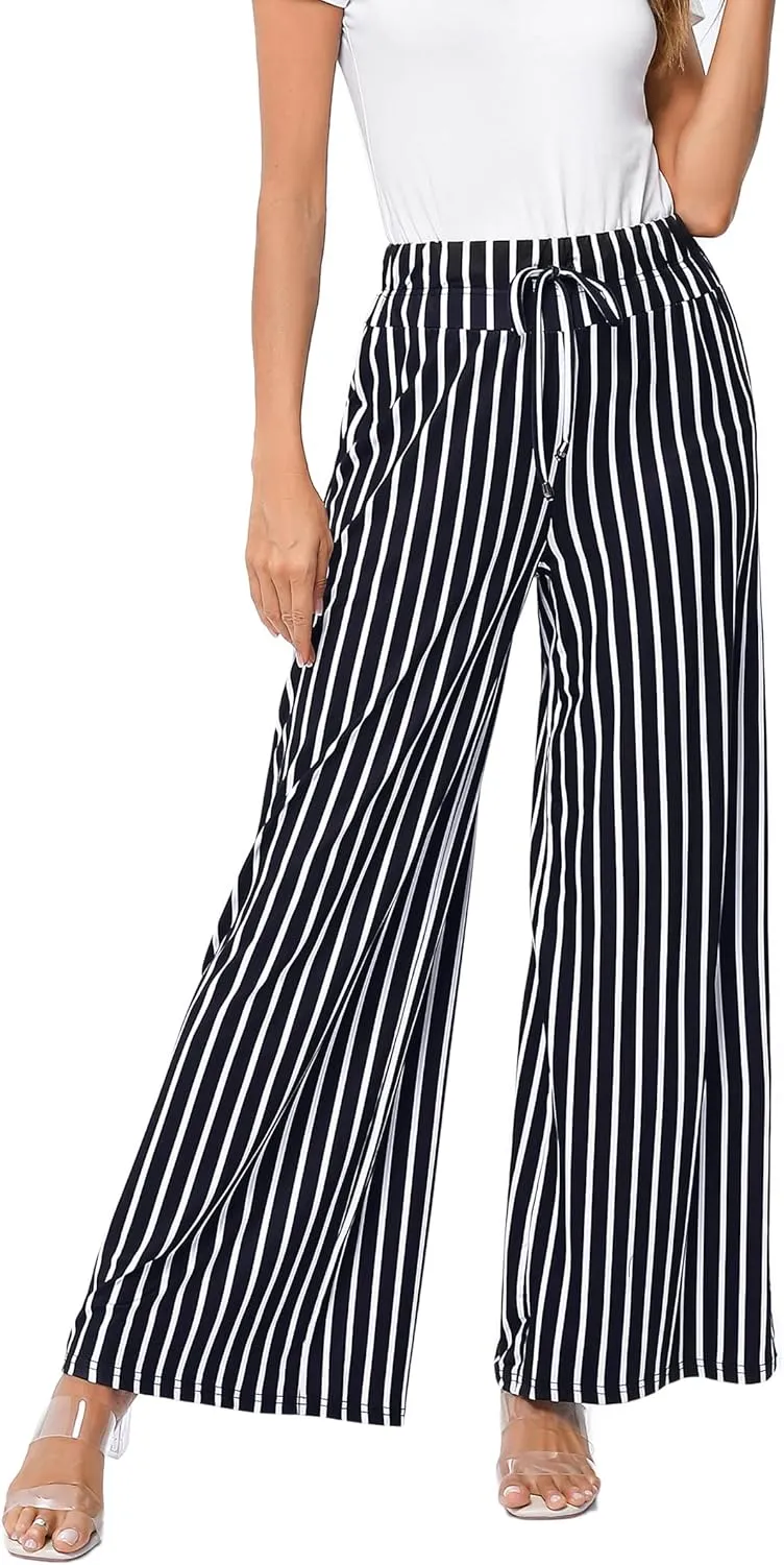 KOJOOIN Women's Wide Leg Pants Casual Palazzo Summer Flowy Pants Elastic High Waist Lounge Drawstring Long Trousers for Women