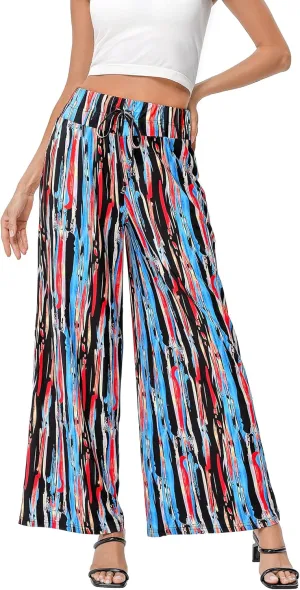 KOJOOIN Women's Wide Leg Pants Casual Palazzo Summer Flowy Pants Elastic High Waist Lounge Drawstring Long Trousers for Women