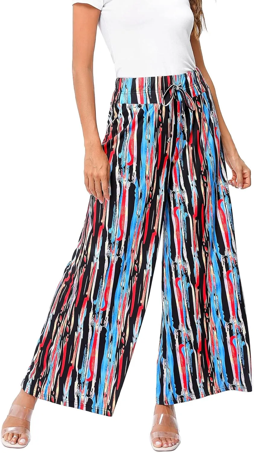 KOJOOIN Women's Wide Leg Pants Casual Palazzo Summer Flowy Pants Elastic High Waist Lounge Drawstring Long Trousers for Women