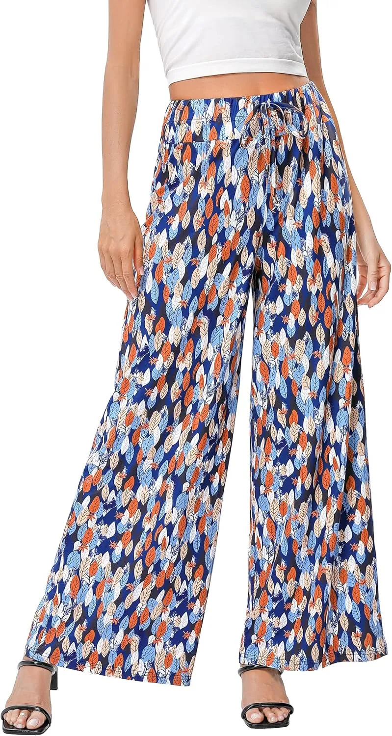 KOJOOIN Women's Wide Leg Pants Casual Palazzo Summer Flowy Pants Elastic High Waist Lounge Drawstring Long Trousers for Women