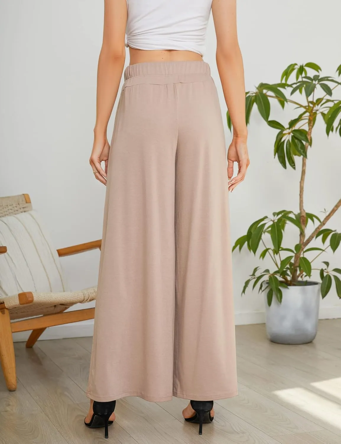 KOJOOIN Women's Wide Leg Pants Casual Palazzo Summer Flowy Pants Elastic High Waist Lounge Drawstring Long Trousers for Women