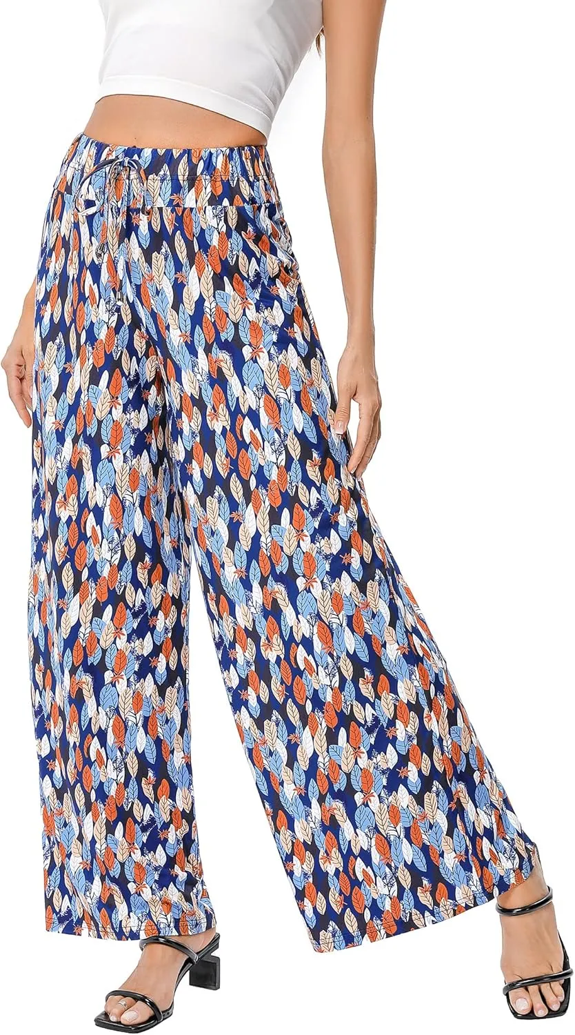 KOJOOIN Women's Wide Leg Pants Casual Palazzo Summer Flowy Pants Elastic High Waist Lounge Drawstring Long Trousers for Women