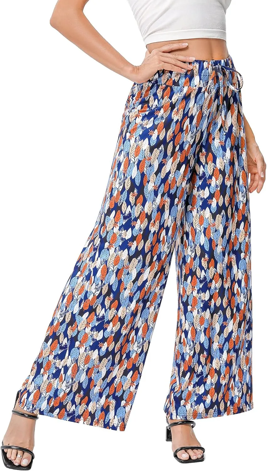 KOJOOIN Women's Wide Leg Pants Casual Palazzo Summer Flowy Pants Elastic High Waist Lounge Drawstring Long Trousers for Women