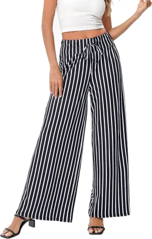 KOJOOIN Women's Wide Leg Pants Casual Palazzo Summer Flowy Pants Elastic High Waist Lounge Drawstring Long Trousers for Women