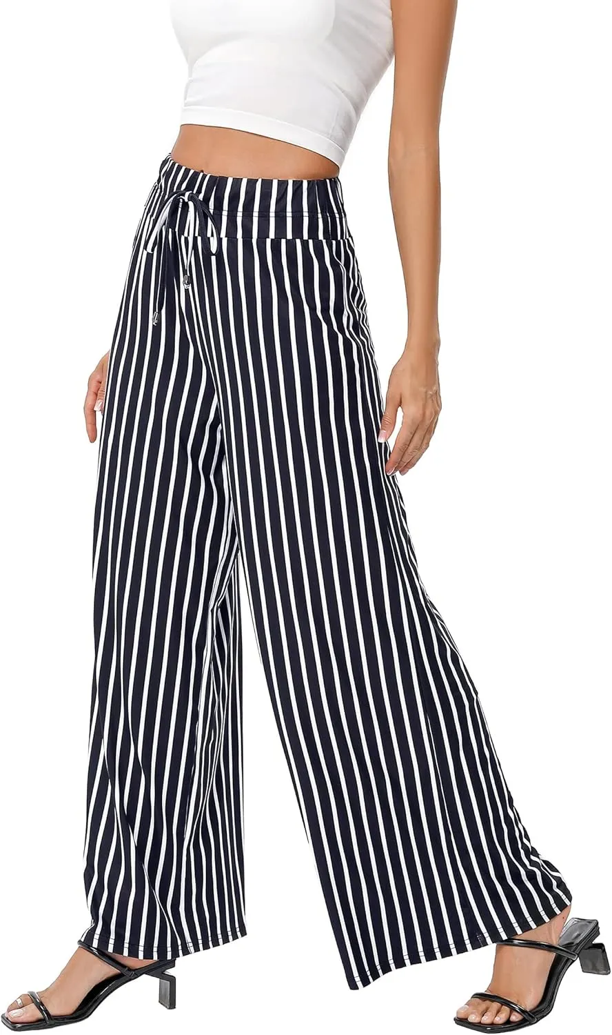 KOJOOIN Women's Wide Leg Pants Casual Palazzo Summer Flowy Pants Elastic High Waist Lounge Drawstring Long Trousers for Women