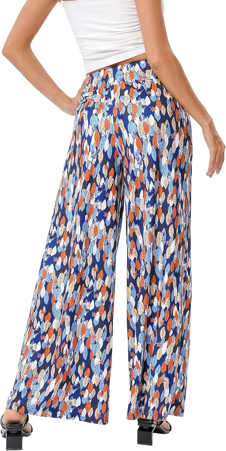 KOJOOIN Women's Wide Leg Pants Casual Palazzo Summer Flowy Pants Elastic High Waist Lounge Drawstring Long Trousers for Women