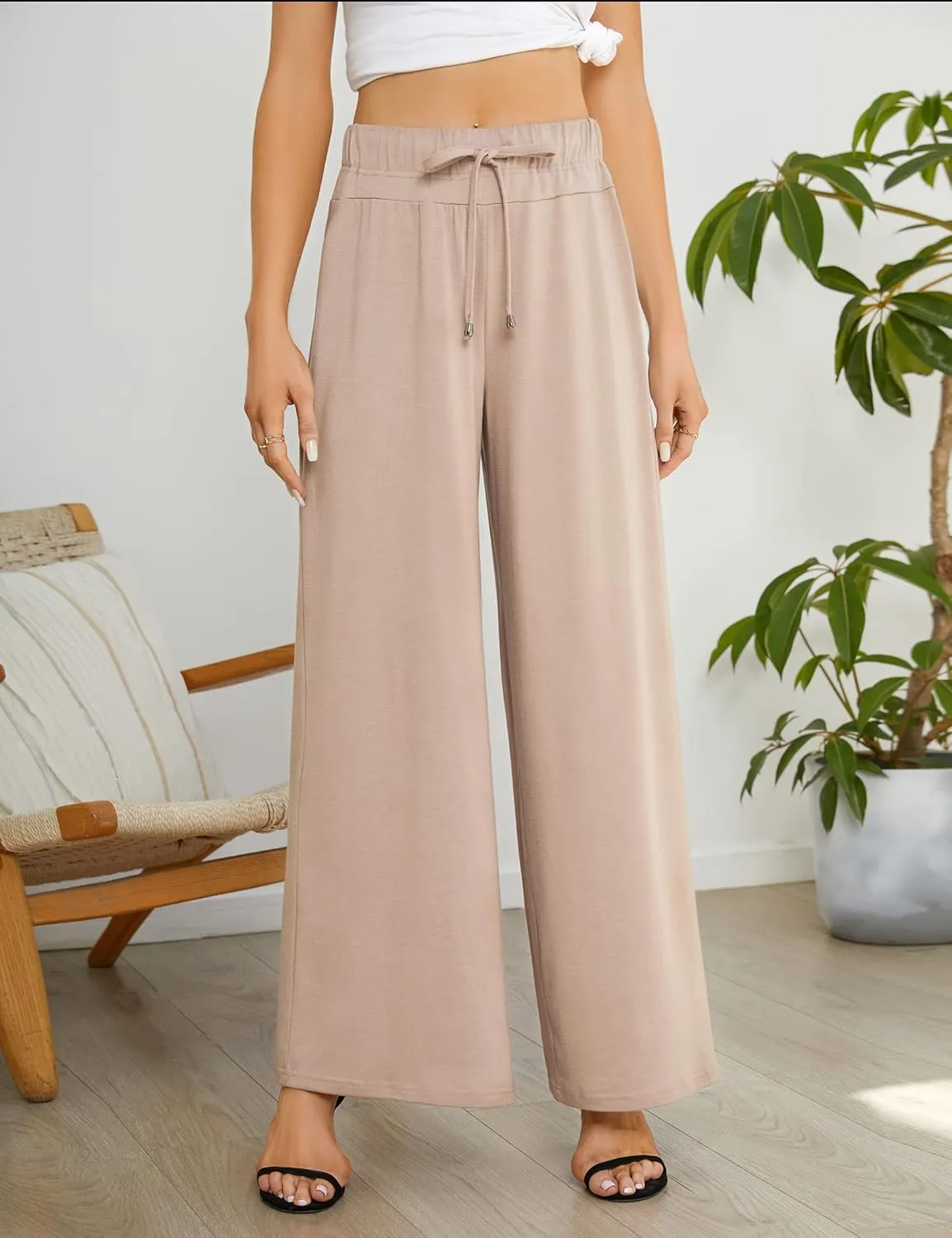 KOJOOIN Women's Wide Leg Pants Casual Palazzo Summer Flowy Pants Elastic High Waist Lounge Drawstring Long Trousers for Women
