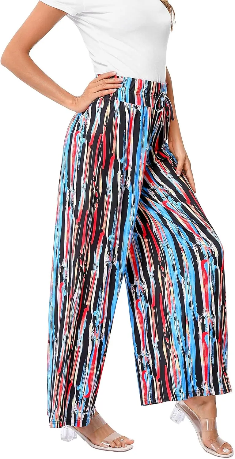 KOJOOIN Women's Wide Leg Pants Casual Palazzo Summer Flowy Pants Elastic High Waist Lounge Drawstring Long Trousers for Women