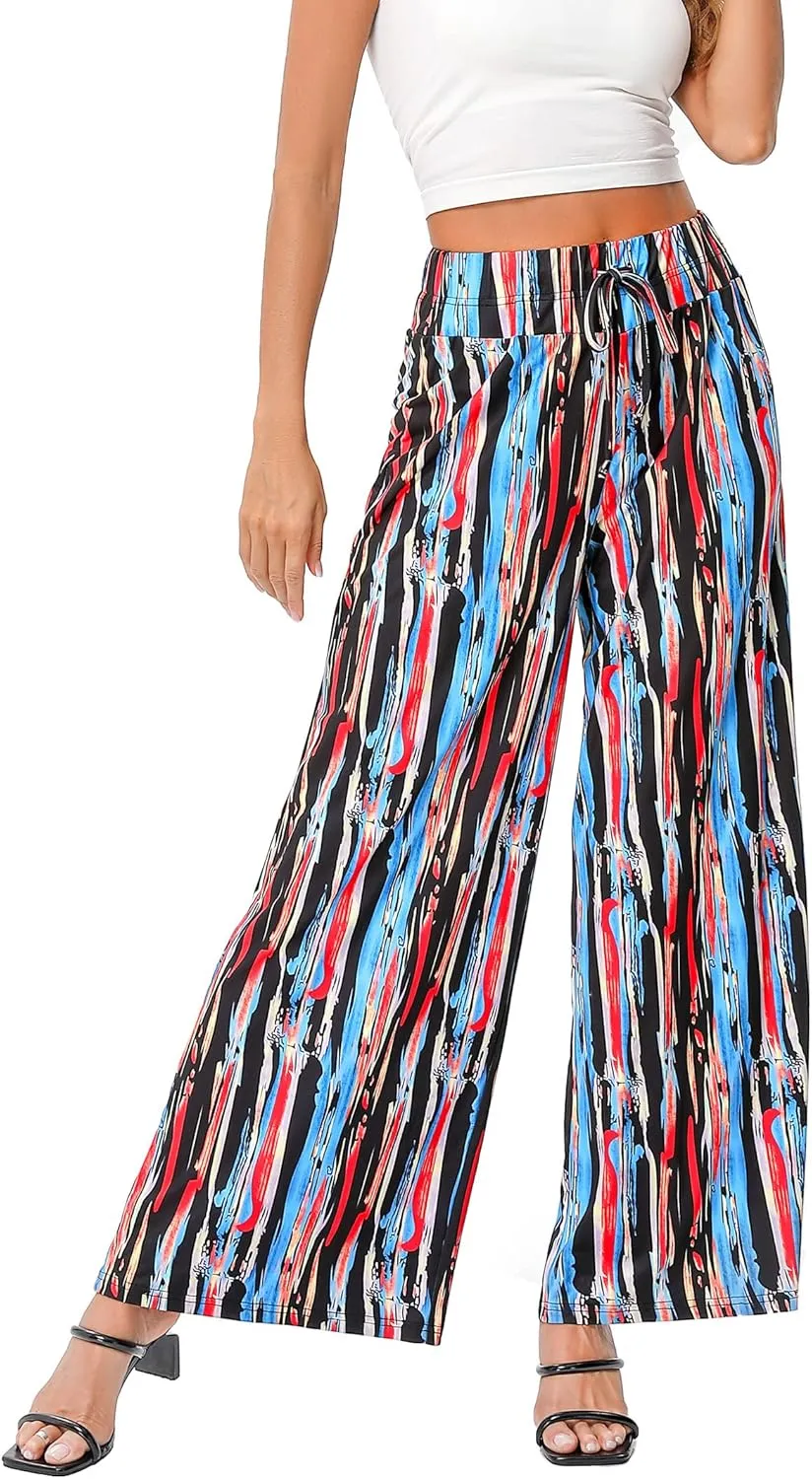 KOJOOIN Women's Wide Leg Pants Casual Palazzo Summer Flowy Pants Elastic High Waist Lounge Drawstring Long Trousers for Women