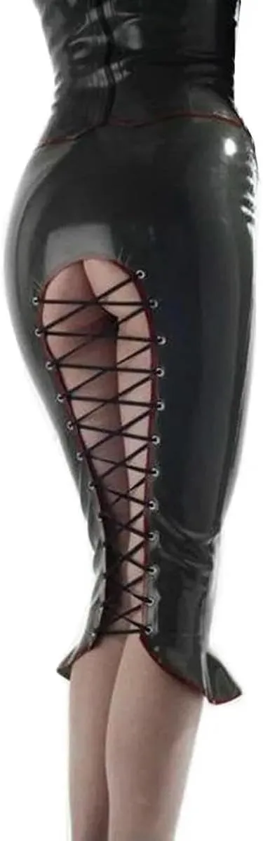 Ladies PVC Wet Look Hollow Out Skirt Hobble Ruffles Knee-Length Wraps Back Lace-up Pencil Skirts Lingerie 7XL