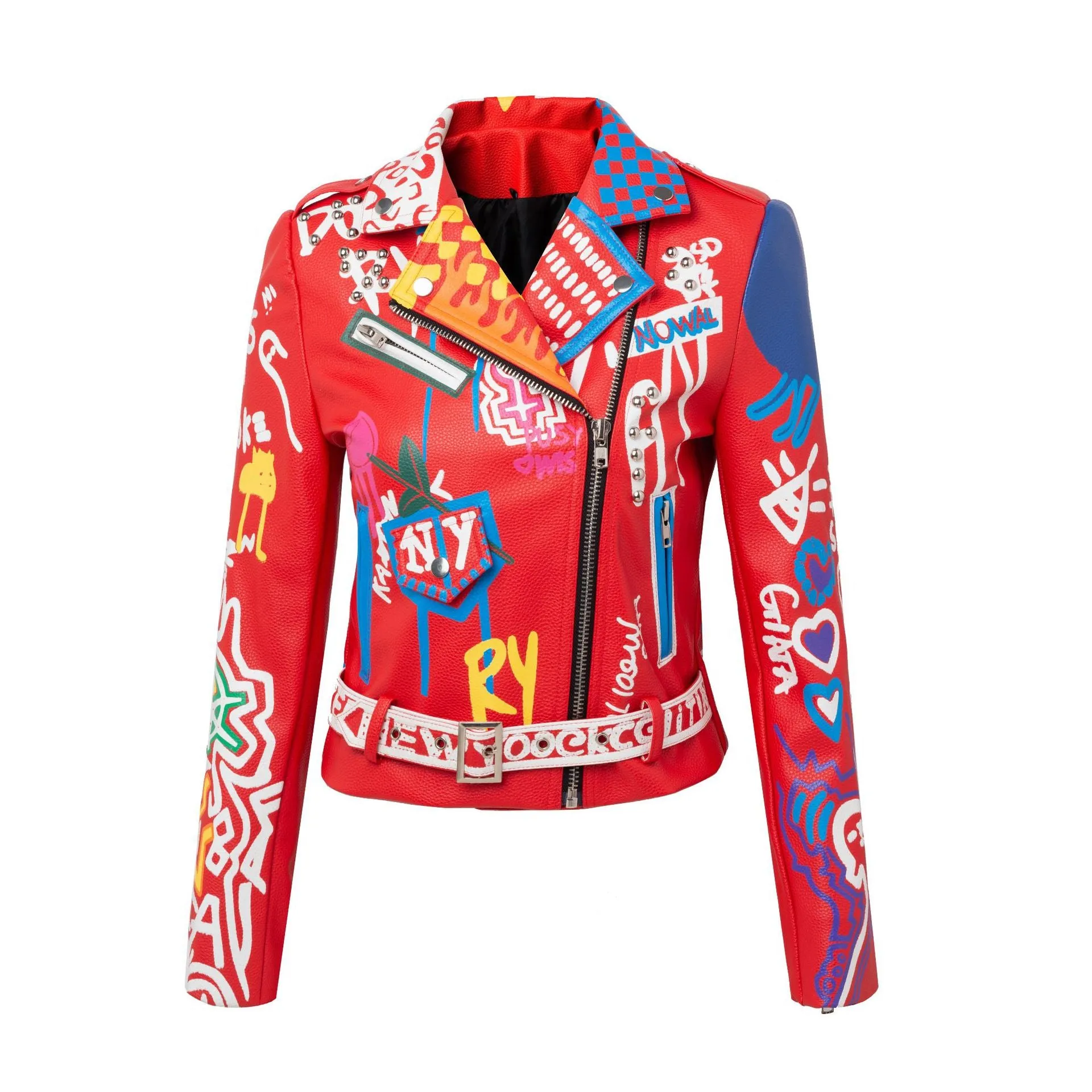 Leather Jacket Women Graffiti Colorful Print Biker Jackets and Coats PUNK Streetwear Ladies Clothes