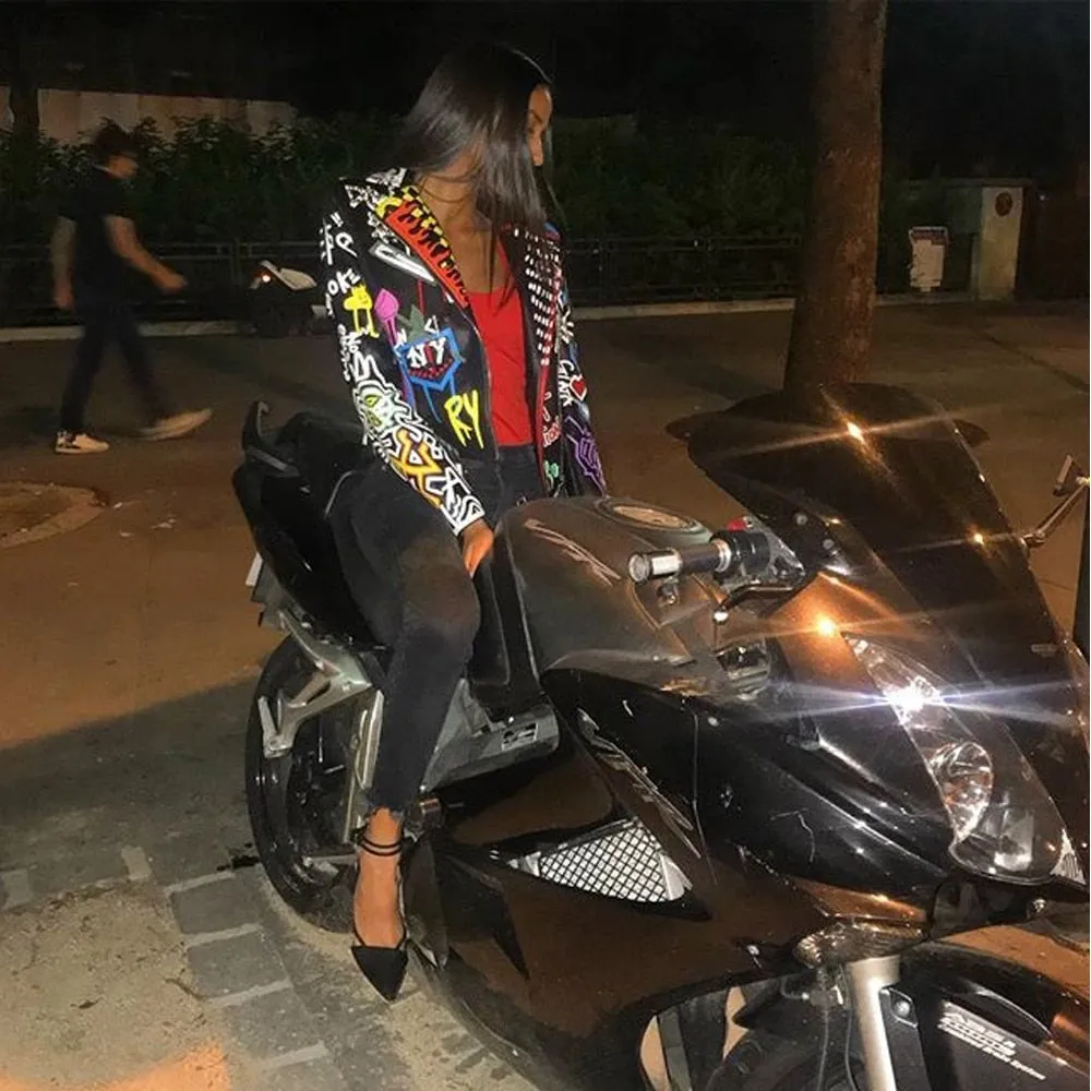 Leather Jacket Women Graffiti Colorful Print Biker Jackets and Coats PUNK Streetwear Ladies Clothes