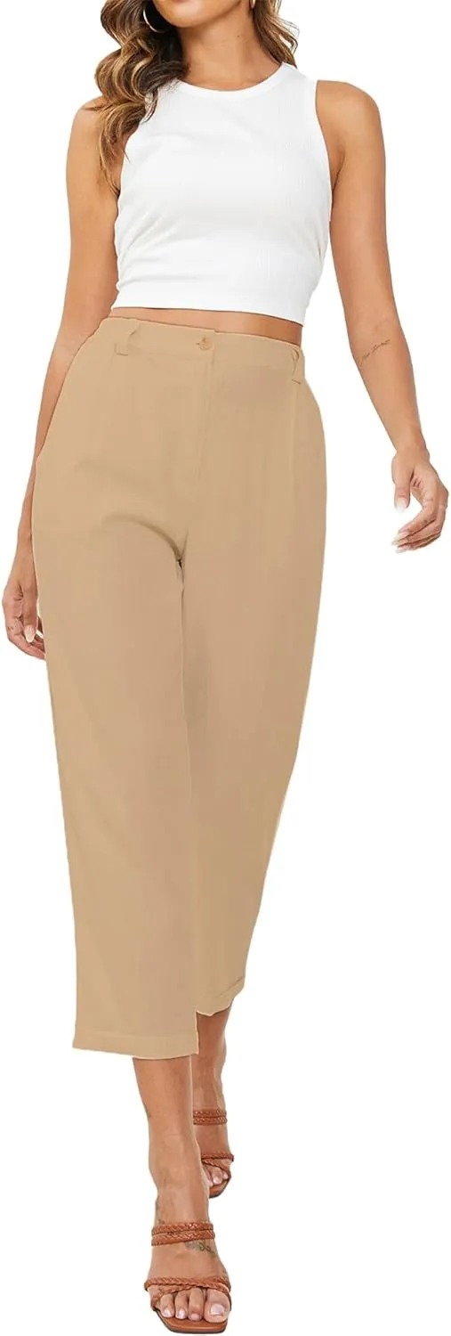 Linen Capri Pants for Women Petite Straight Leg High Waist Button Pant Business Work Trousers with Pockets