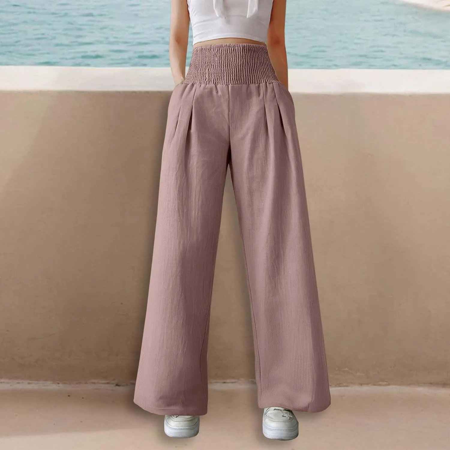 Linen Palazzo Pants for Women High Waist Summer Wide Leg Pants Lightweight Flowy Drawstring Smocked Lounge