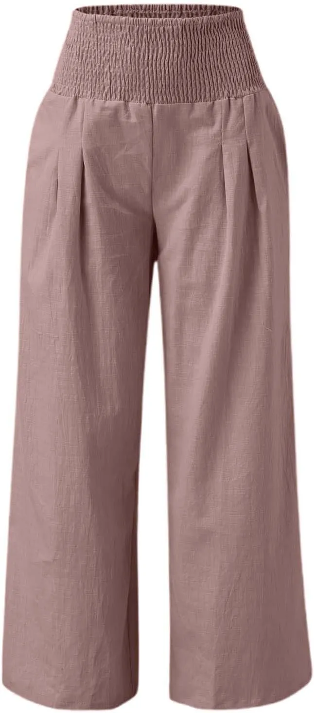 Linen Palazzo Pants for Women High Waist Summer Wide Leg Pants Lightweight Flowy Drawstring Smocked Lounge