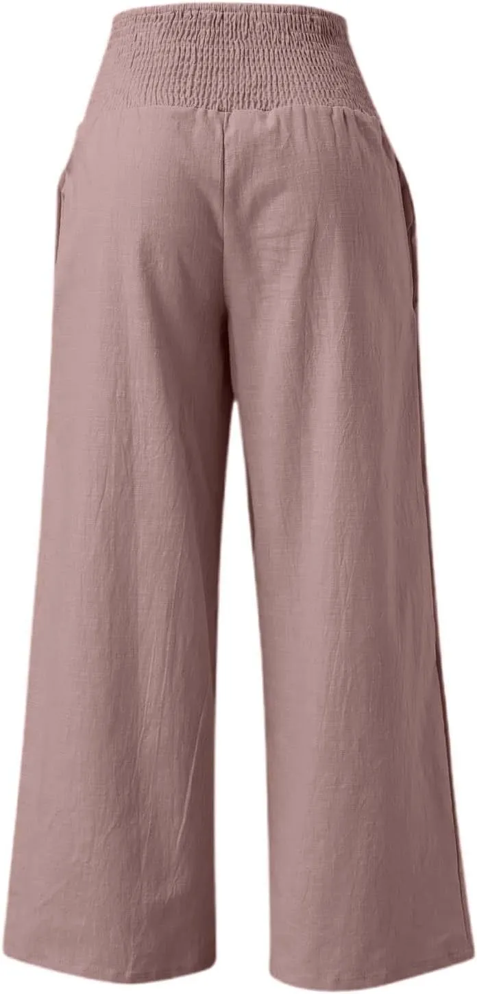 Linen Palazzo Pants for Women High Waist Summer Wide Leg Pants Lightweight Flowy Drawstring Smocked Lounge
