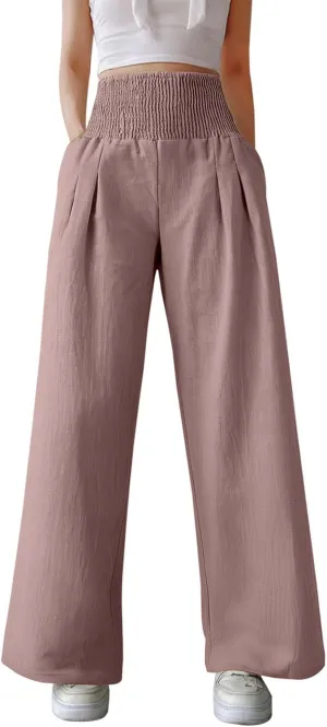 Linen Palazzo Pants for Women High Waist Summer Wide Leg Pants Lightweight Flowy Drawstring Smocked Lounge