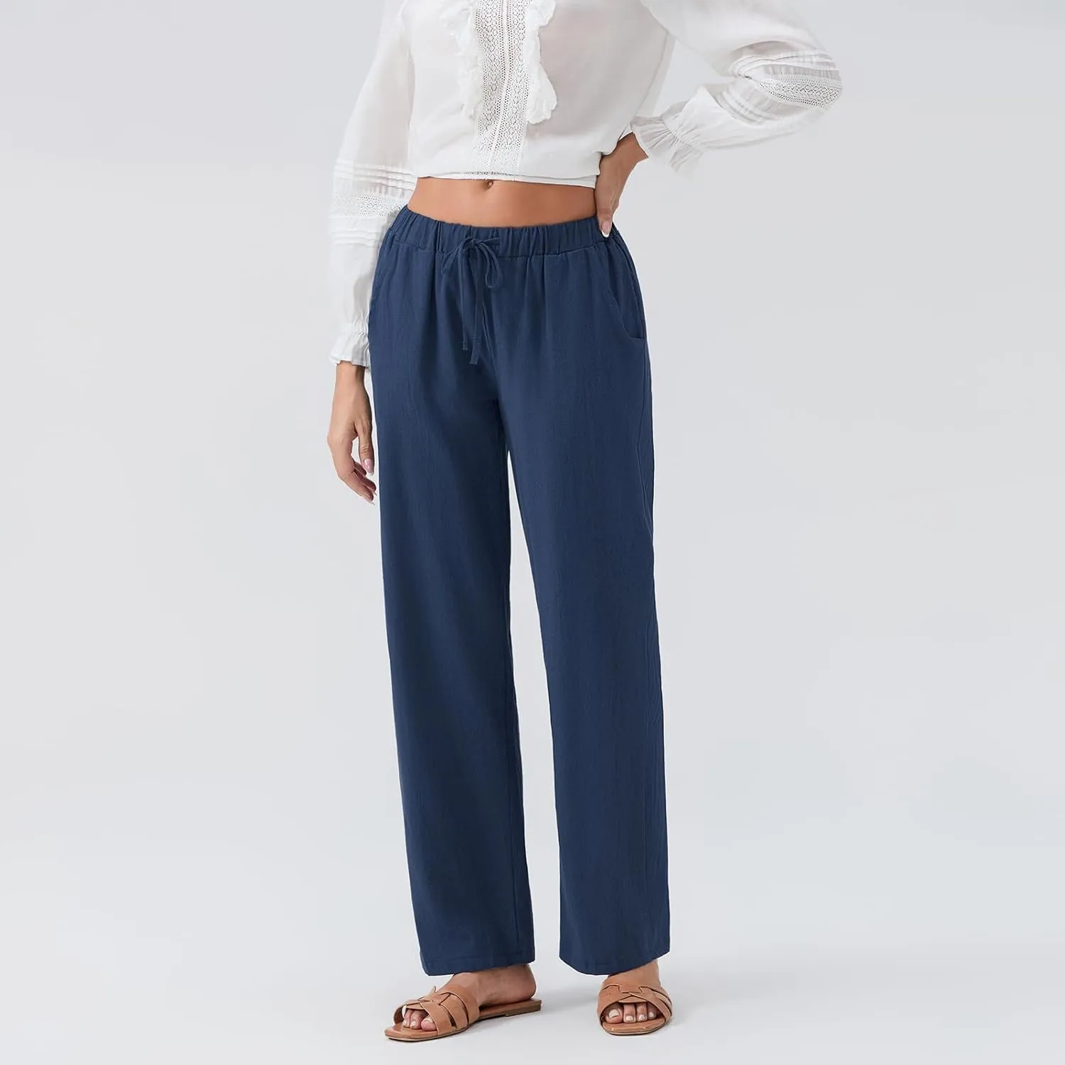Linen Pants Women Loose Drawstring High Waist Sweatpants Solid Color Trousers with Pockets for Summer Fall