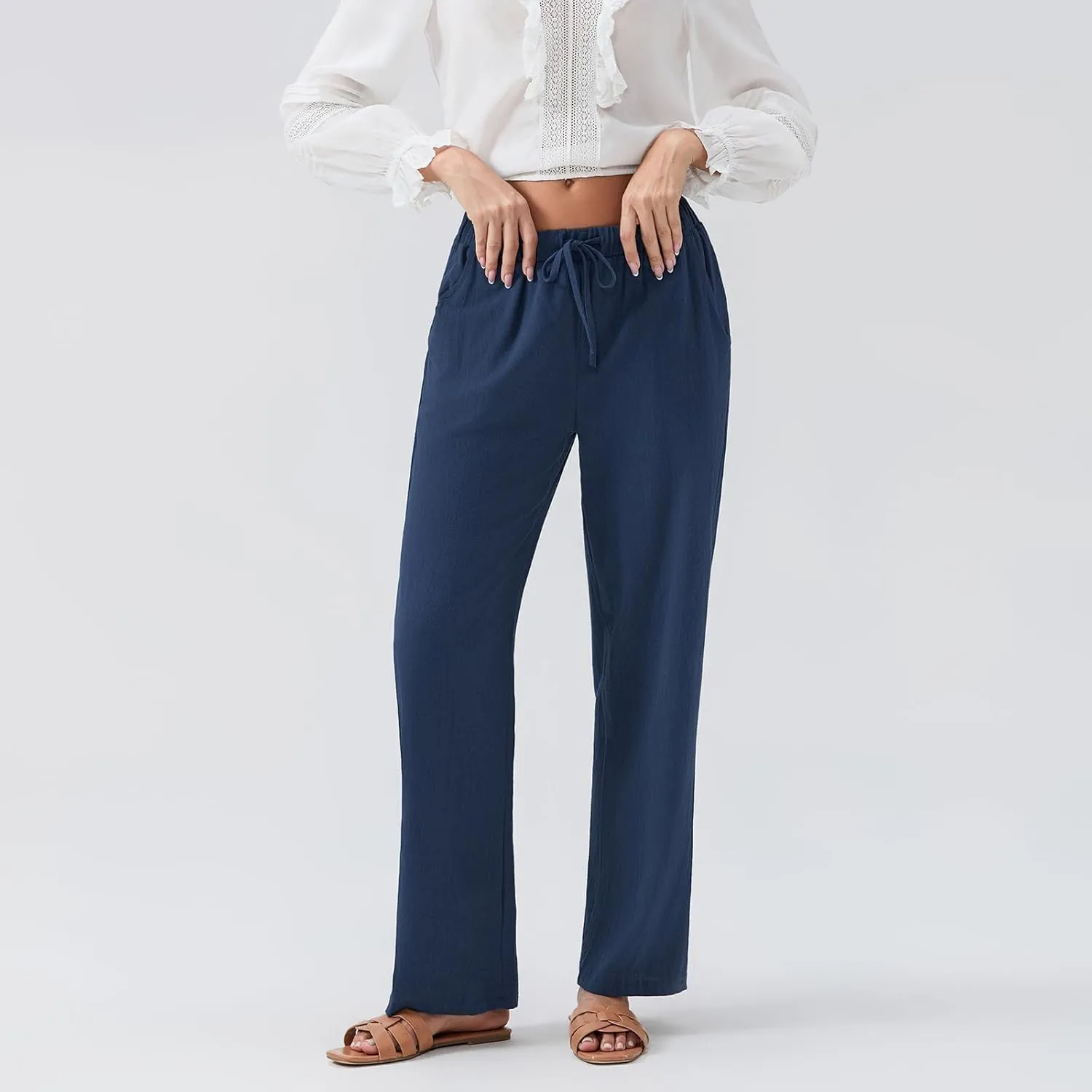 Linen Pants Women Loose Drawstring High Waist Sweatpants Solid Color Trousers with Pockets for Summer Fall