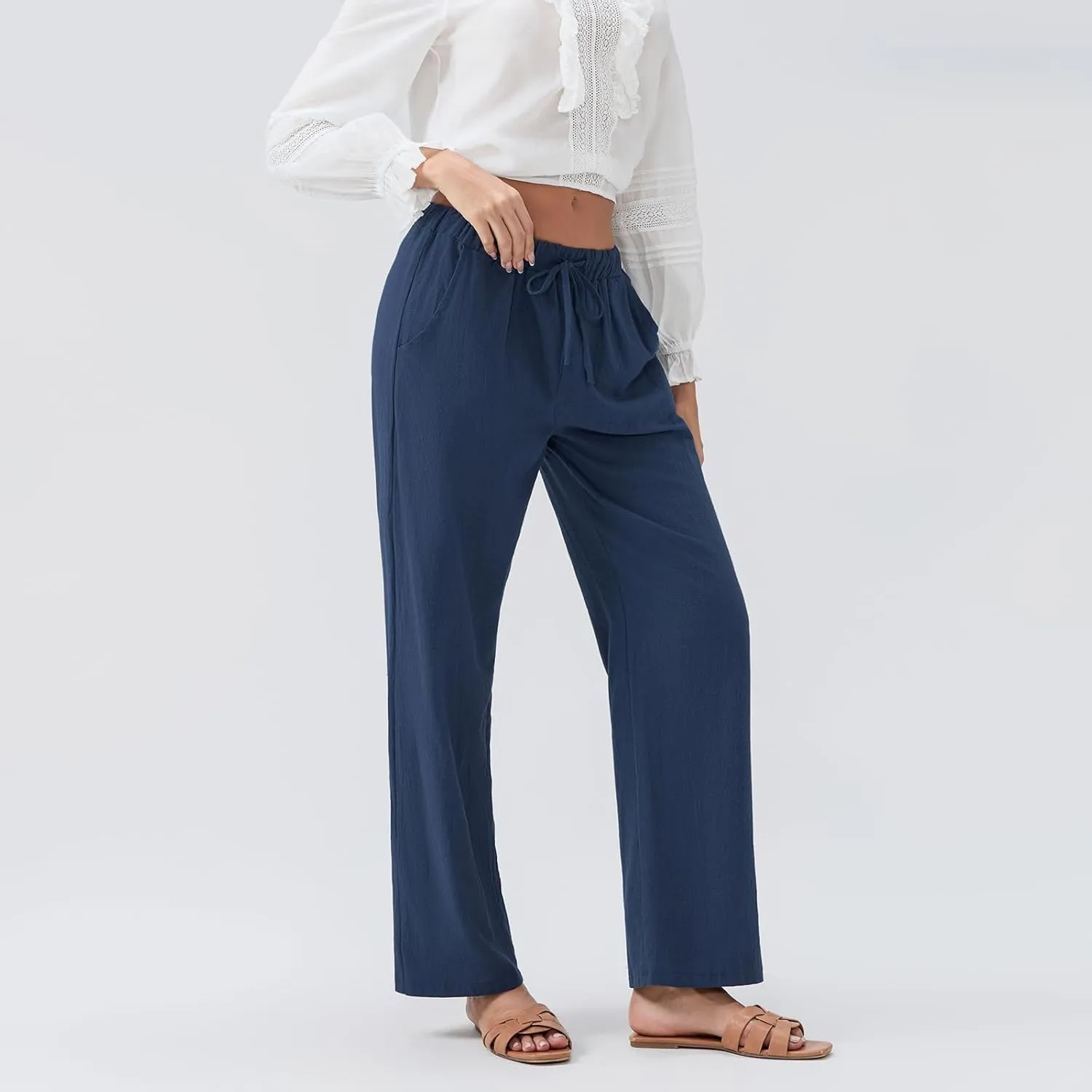 Linen Pants Women Loose Drawstring High Waist Sweatpants Solid Color Trousers with Pockets for Summer Fall
