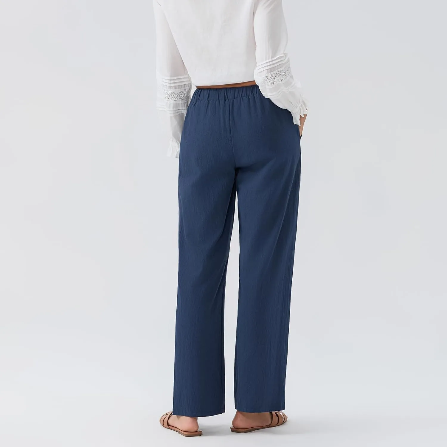 Linen Pants Women Loose Drawstring High Waist Sweatpants Solid Color Trousers with Pockets for Summer Fall