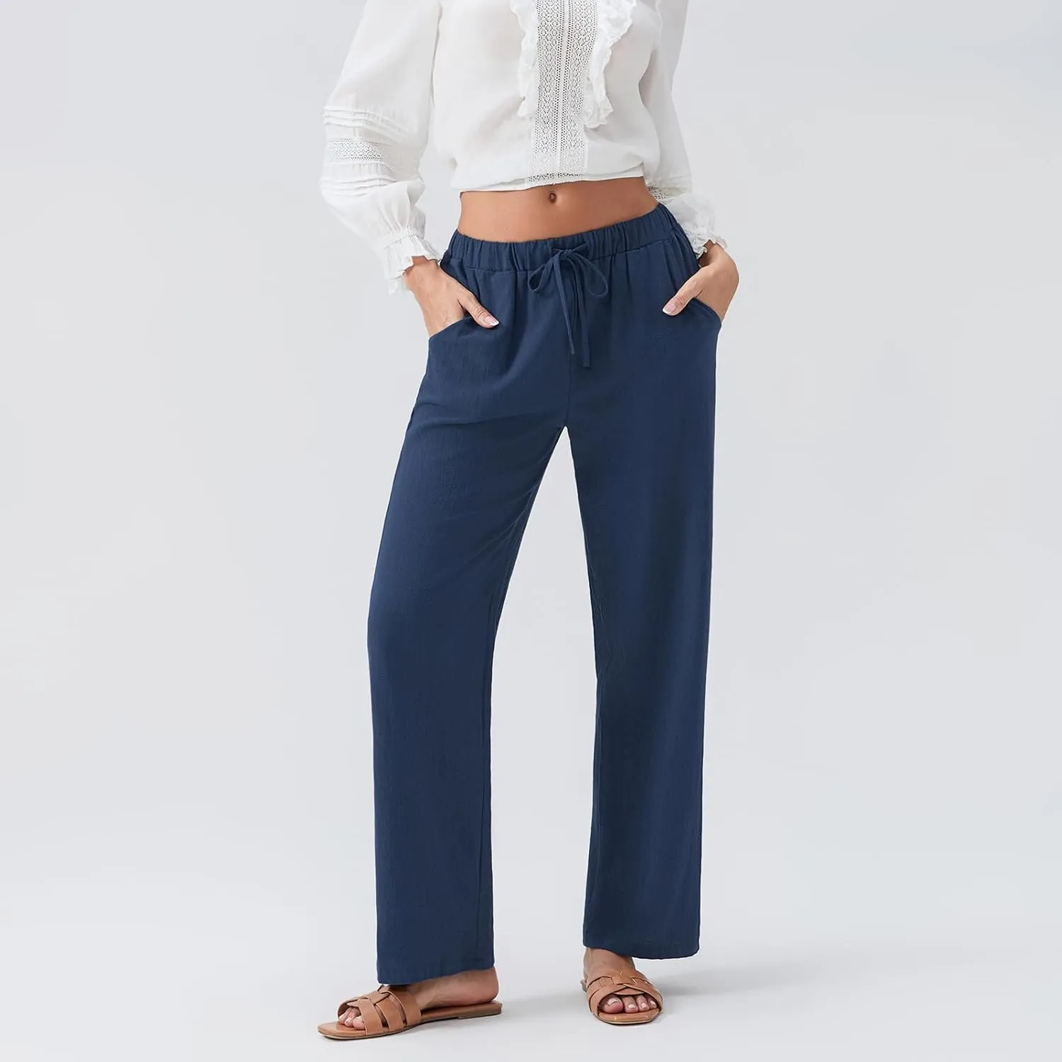 Linen Pants Women Loose Drawstring High Waist Sweatpants Solid Color Trousers with Pockets for Summer Fall