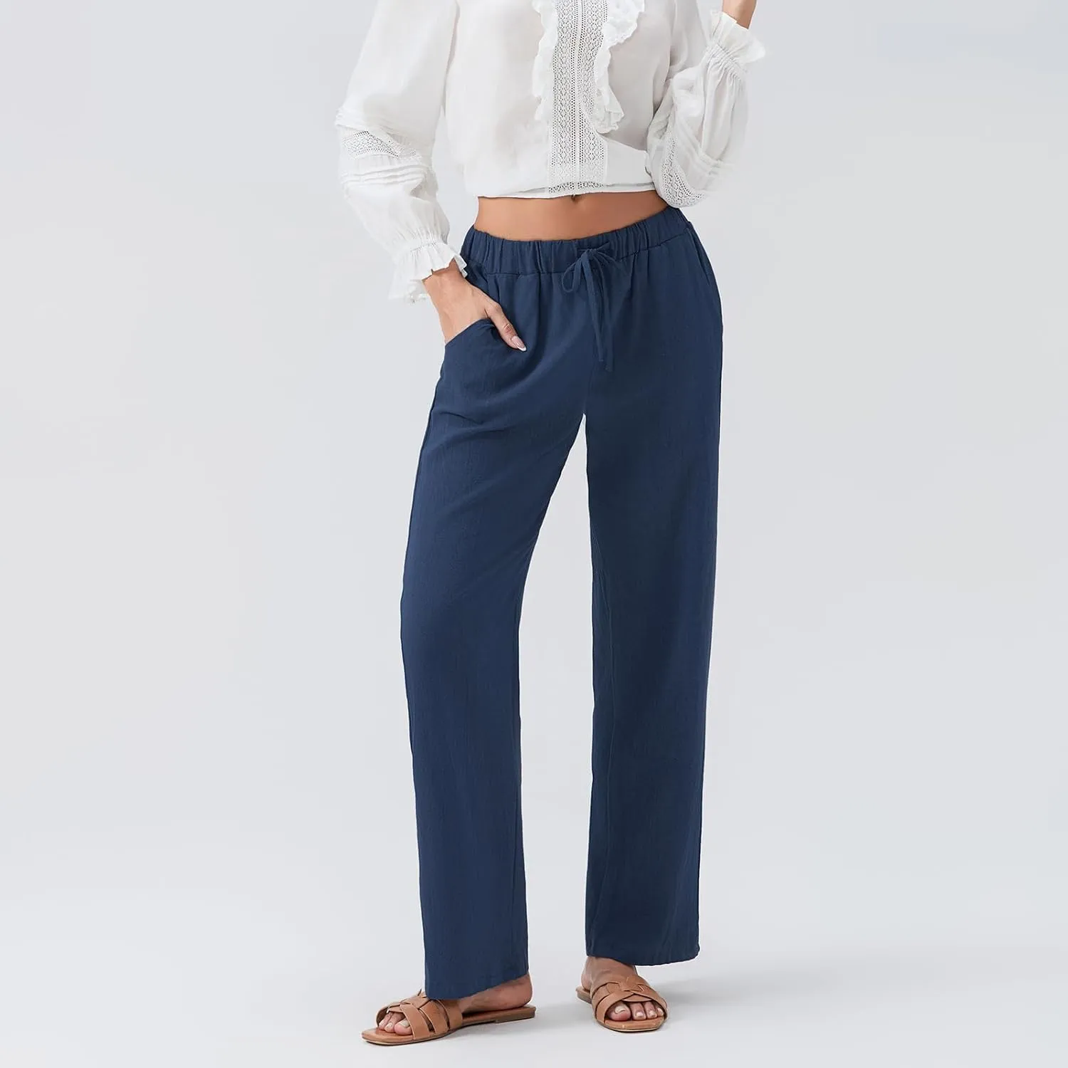 Linen Pants Women Loose Drawstring High Waist Sweatpants Solid Color Trousers with Pockets for Summer Fall