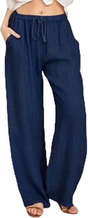 Linen Pants Women Loose Drawstring High Waist Sweatpants Solid Color Trousers with Pockets for Summer Fall