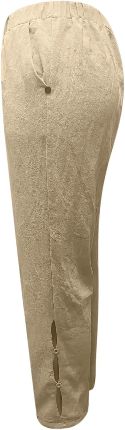 Linen Pants Women Loose Fit Lightweight Summer Loung Trousers Straight Leg Pants Casual High Waist Trousers with Pockets