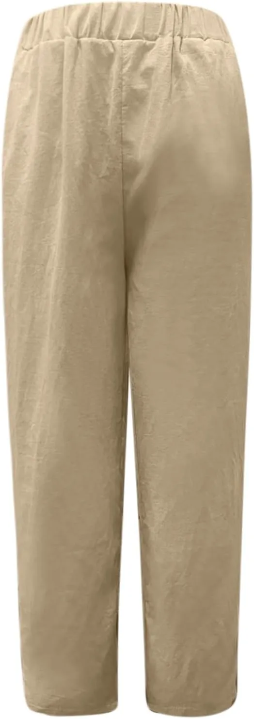 Linen Pants Women Loose Fit Lightweight Summer Loung Trousers Straight Leg Pants Casual High Waist Trousers with Pockets