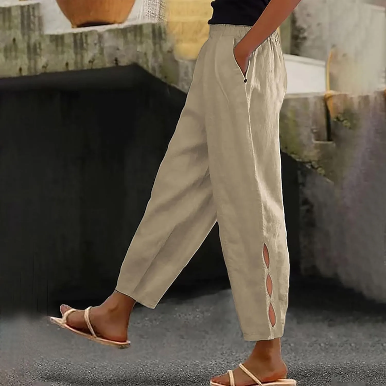 Linen Pants Women Loose Fit Lightweight Summer Loung Trousers Straight Leg Pants Casual High Waist Trousers with Pockets