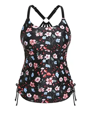 Long & Loose Ruched Tankini Tops With Tie Side Drawstrings Swim Tank Top-Black Floral
