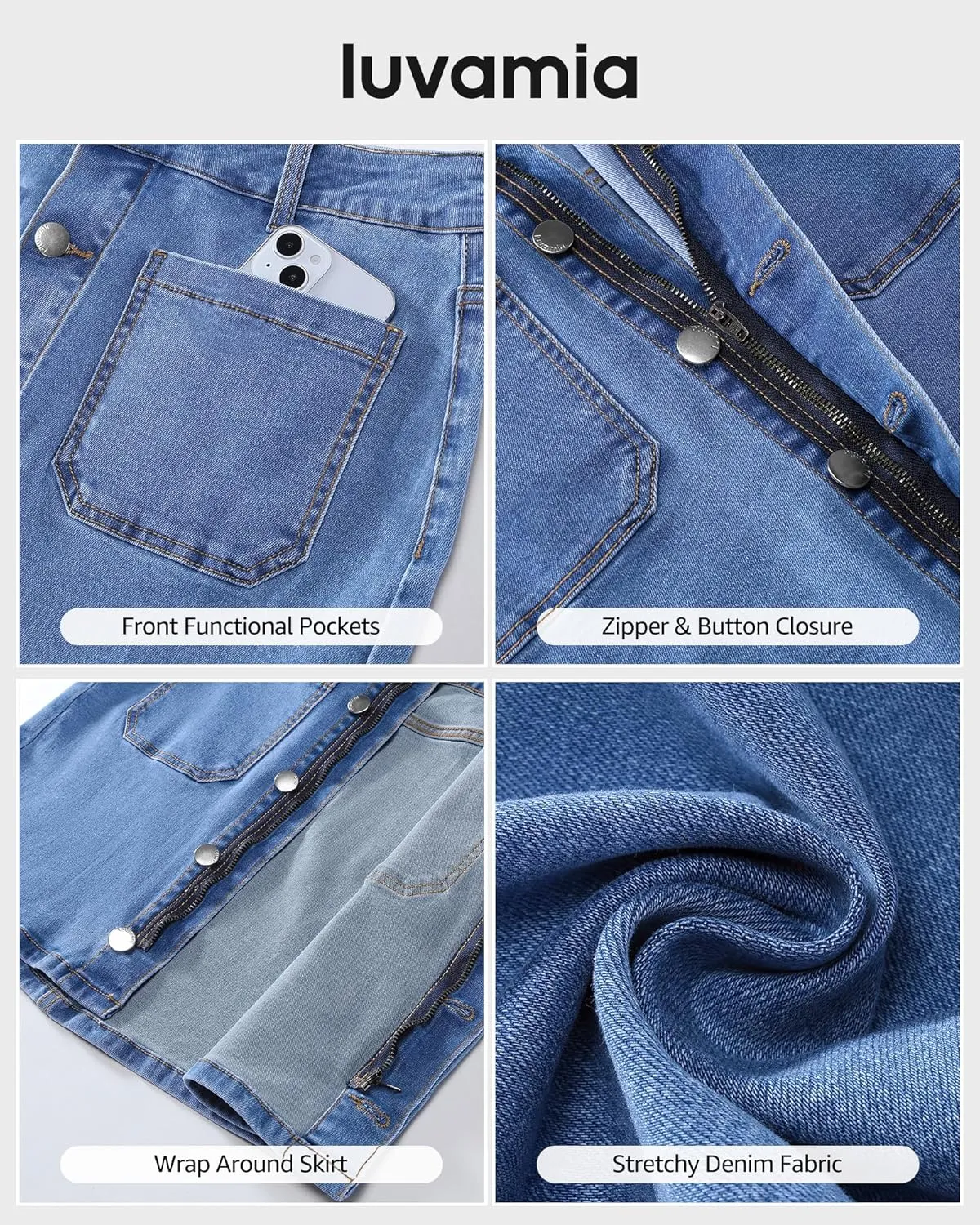 luvamia Jean Skirts for Women Denim High Waisted Trendy Stretchy Mini Button Front Short Pencil Skirt with Patch Pockets