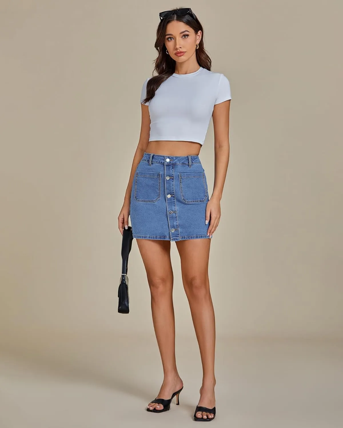 luvamia Jean Skirts for Women Denim High Waisted Trendy Stretchy Mini Button Front Short Pencil Skirt with Patch Pockets