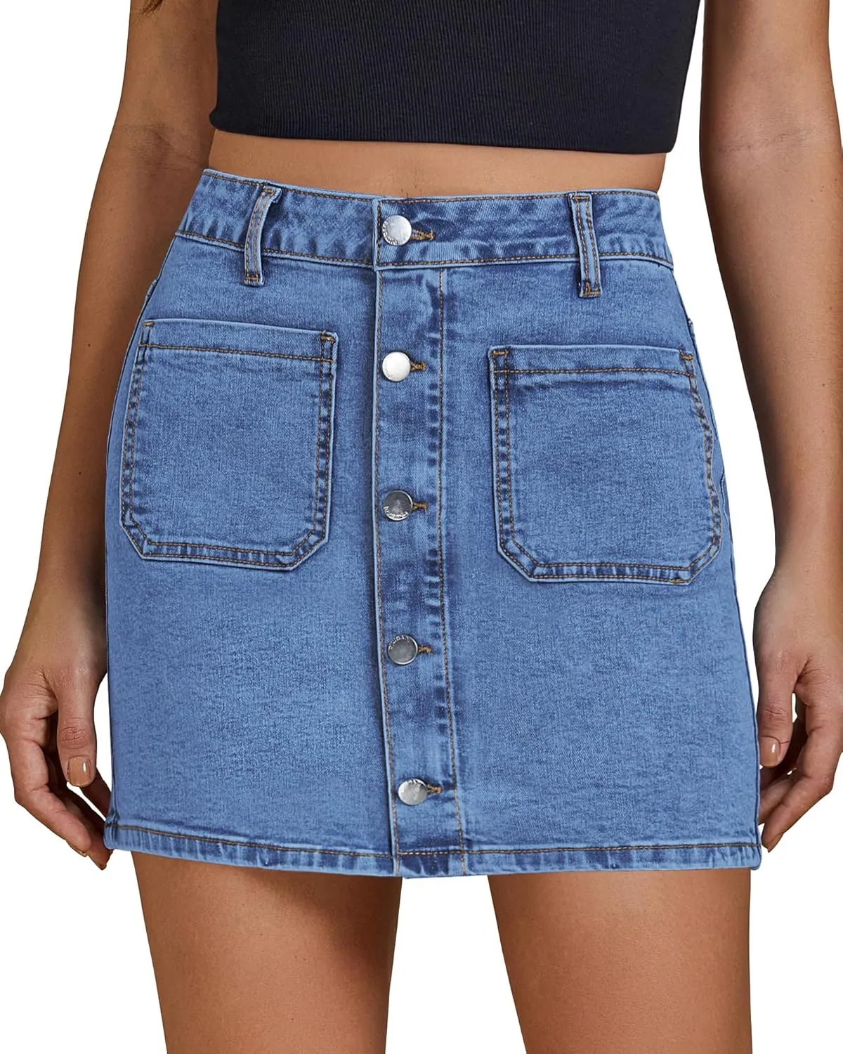 luvamia Jean Skirts for Women Denim High Waisted Trendy Stretchy Mini Button Front Short Pencil Skirt with Patch Pockets