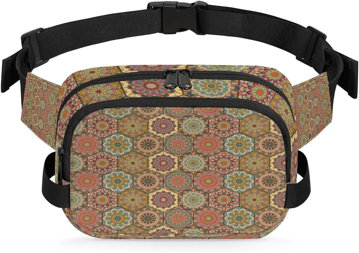 Mandala Boho Hexgon Fanny Packs for Women Men Fashion Waist Packs Belt Bag Water-resistant Crossbody Bag Waist Pouch Waist Pack Hip Bum Bag for Hiking Casual Travel Cycling