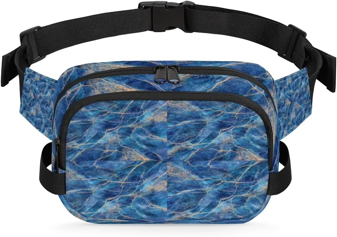 Marble Pattern Blue Gold Fanny Packs for Women Men Fashion Waist Packs Belt Bag Water-resistant Crossbody Bag Waist Pouch Waist Pack Hip Bum Bag for Hiking Casual Travel Cycling